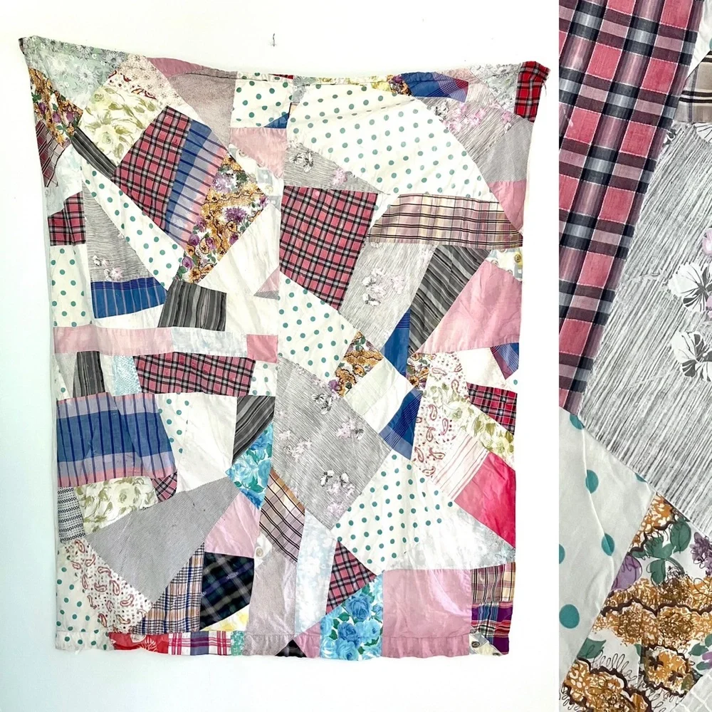 Vintage 40’s crazy quilt feedsack cotton small quilt blanket
